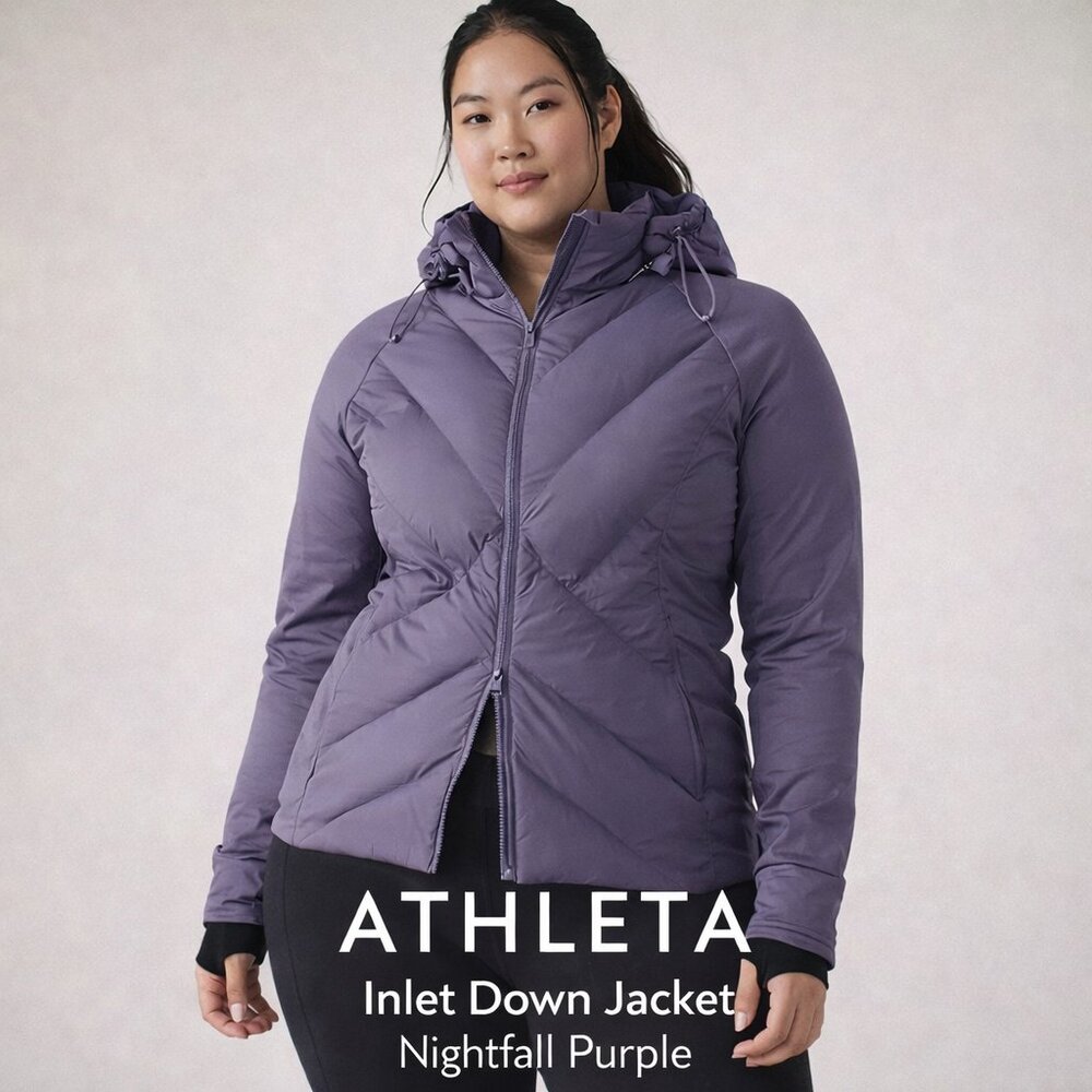 NWOT Athleta Inlet Down Jacket Hooded Wind Resistant Nightfall Purple Plus Sz 1X